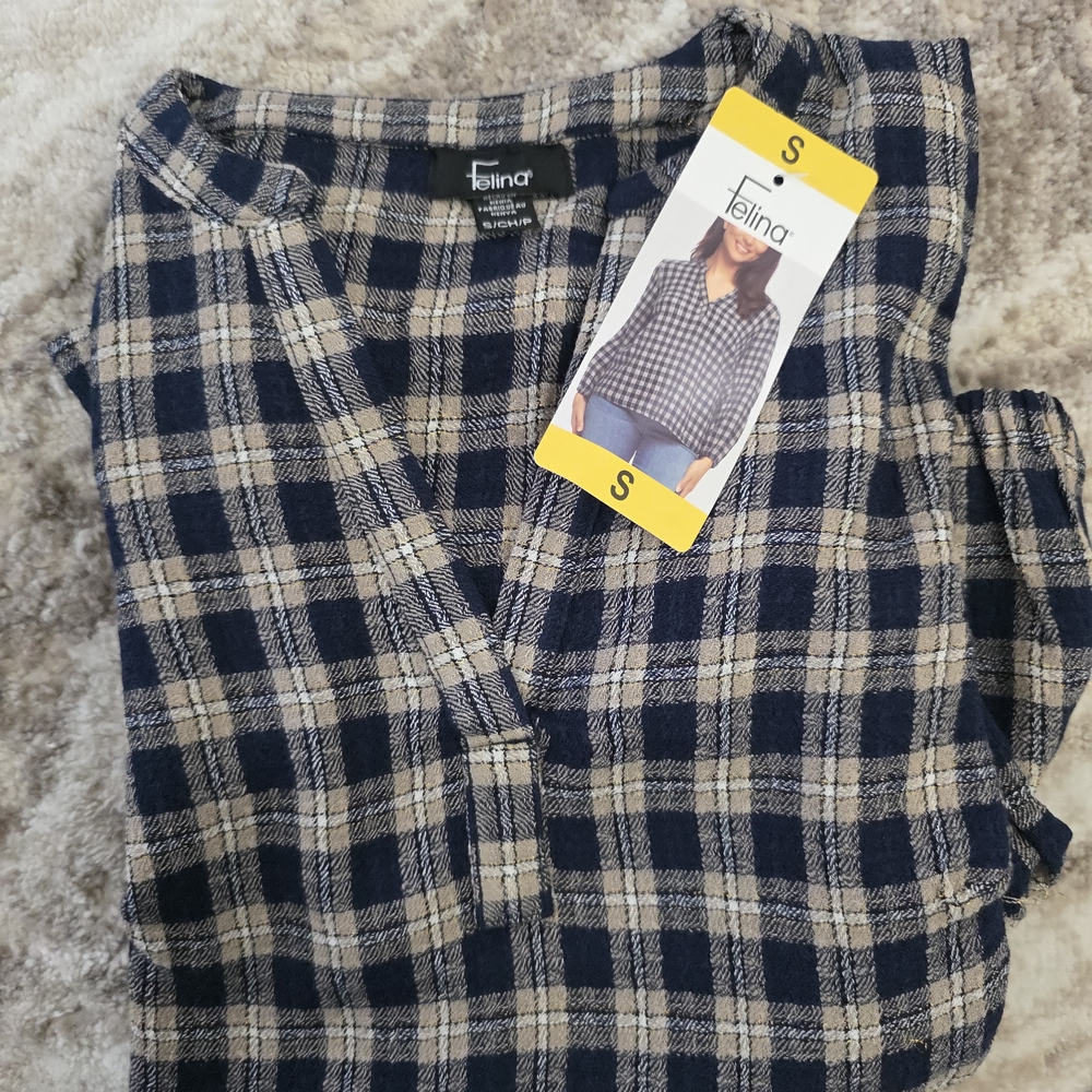 Felina Navy and Beige Plaid Blouse
